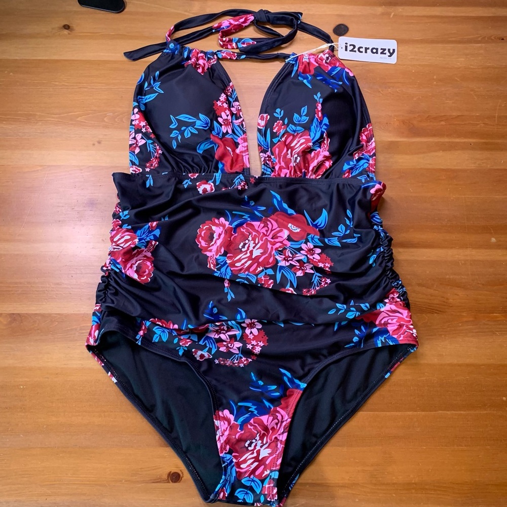 NWT One Piece Swimsuit - Size XL - Black with Floral - tummy control